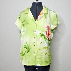 Tommy Bahama Green Silk Hawaiian Floral Blouse 10
